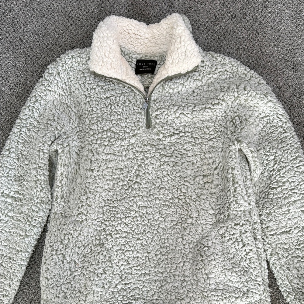 Love Tree Soft Sherpa Quarter-Zip in light olive and cream
